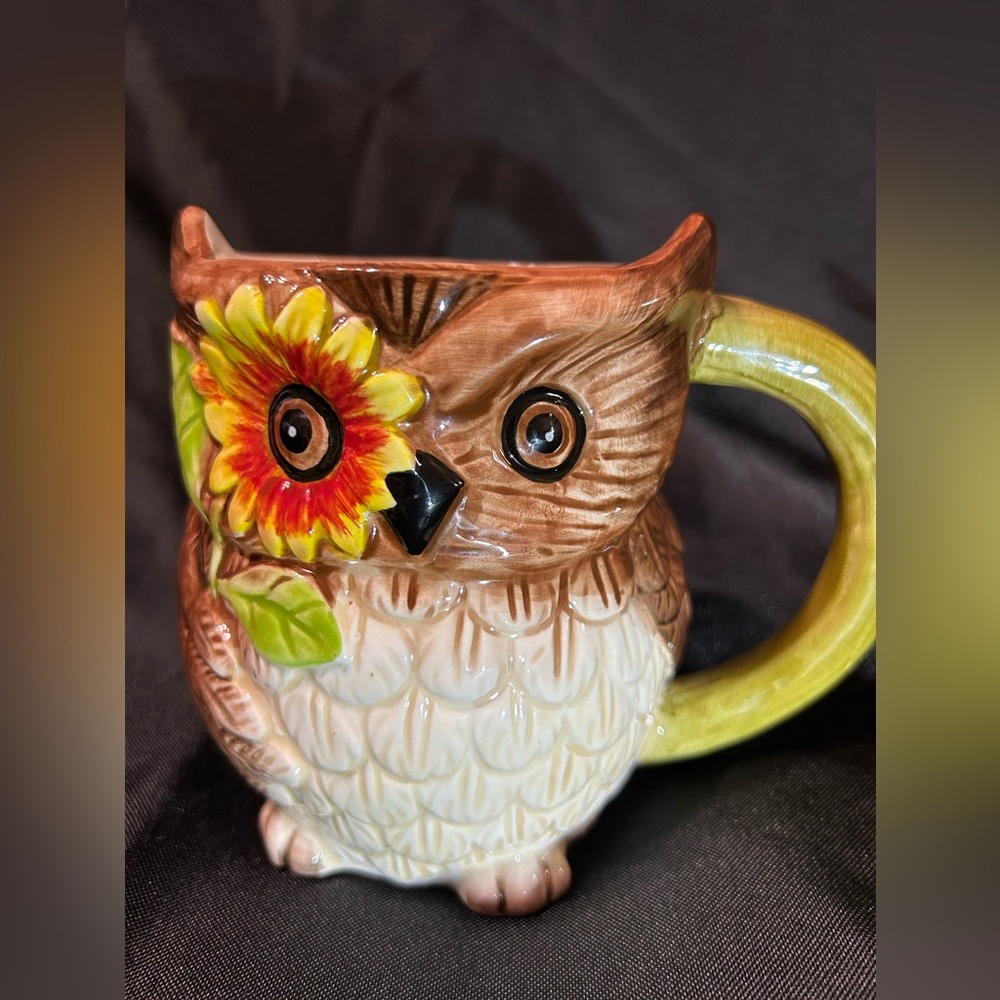 Pier One Ceramic Owl Sunflower Mug